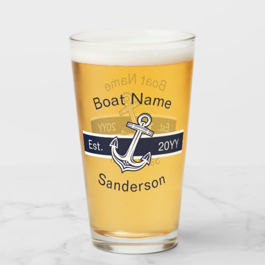 Aangepaste bootnaam Nautical Anchor Navy Blue Whit Glas (Achterkant gevuld)