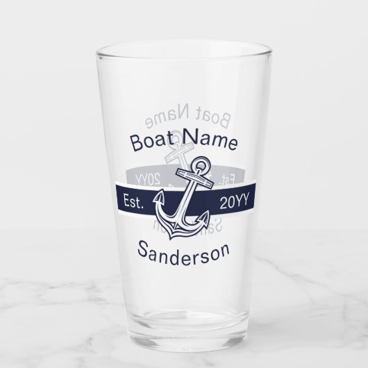 Aangepaste bootnaam Nautical Anchor Navy Blue Whit Glas (Voorkant)