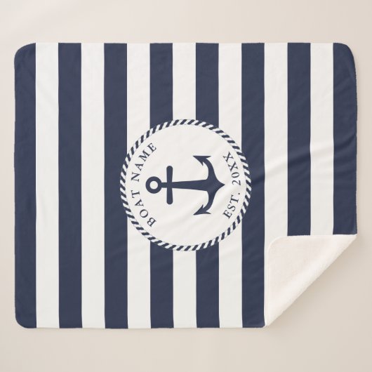 Aangepaste bootnaam Nautical White Navy Blue Ancho Sherpa Deken (Voorkant (horizontaal))