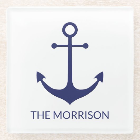 Aangepaste bootnaam nautisch anker marineblauw wit glazen onderzetter (Voorkant)