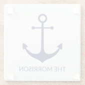 Aangepaste bootnaam nautisch anker marineblauw wit glazen onderzetter (Achterkant)