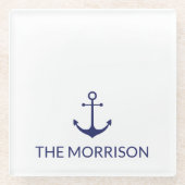 Aangepaste bootnaam nautisch anker marineblauw wit glazen onderzetter (Voorkant)