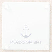 Aangepaste bootnaam nautisch anker marineblauw wit glazen onderzetter (Achterkant)
