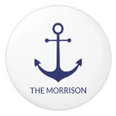 Aangepaste bootnaam nautisch anker marineblauw wit keramische knop (Voorkant)
