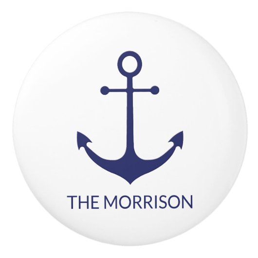 Aangepaste bootnaam nautisch anker marineblauw wit keramische knop (Voorkant)