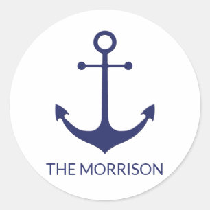 Aangepaste bootnaam nautisch anker marineblauw wit ronde sticker