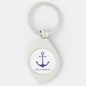 Aangepaste bootnaam nautisch anker marineblauw wit sleutelhanger (Voorkant)