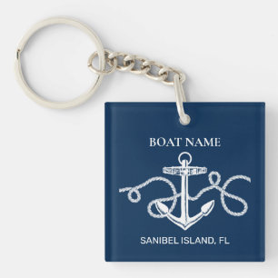 Aangepaste Bootnaam Nautische Anker Navy Blue Sleutelhanger