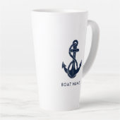 Aangepaste bootnaam Navy Blue Nautical Anchor Latte Mok (Rechterhoek)