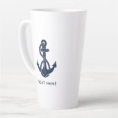 Aangepaste bootnaam Navy Blue Nautical Anchor Latte Mok (Linkerhoek)