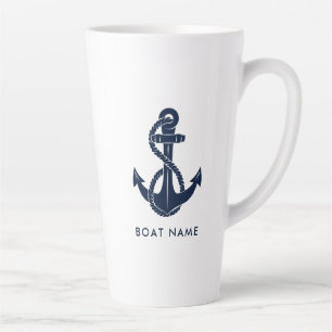 Aangepaste bootnaam Navy Blue Nautical Anchor Latte Mok