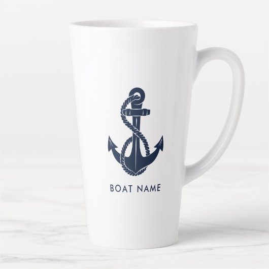 Aangepaste bootnaam Navy Blue Nautical Anchor Latte Mok (Rechts)