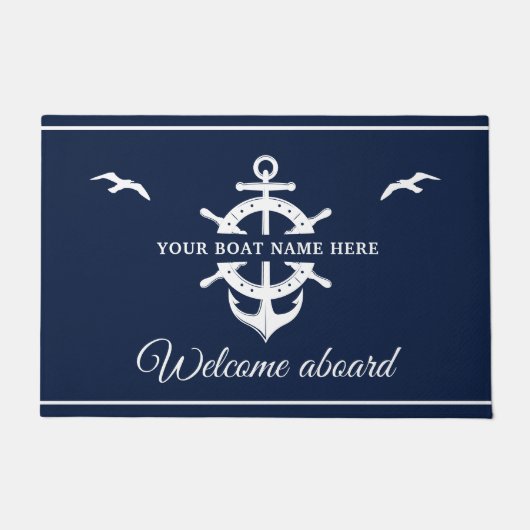 Aangepaste bootnaam Scheepswielanker Nautical Blue Deurmat (Voorkant)