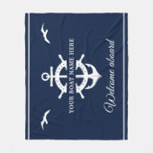 Aangepaste bootnaam Scheepswielanker Nautical Blue Fleece Deken (Voorkant)