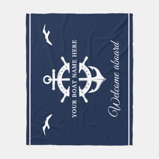 Aangepaste bootnaam Scheepswielanker Nautical Blue Fleece Deken (Voorkant)