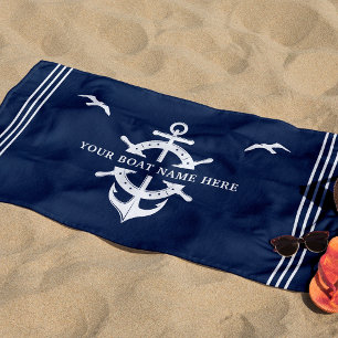 Aangepaste bootnaam Scheepswielanker Nautical Blue Strandlaken