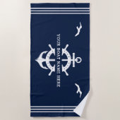 Aangepaste bootnaam Scheepswielanker Nautical Blue Strandlaken (Voorkant)