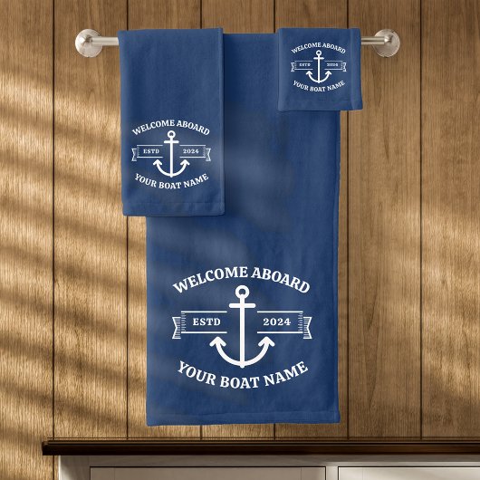 Aangepaste bootnaam Welkom aan boord Navy-blauwe a Bad Handdoek