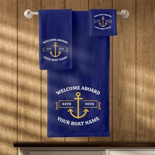 Aangepaste bootnaam Welkom aan boord van Navy Blue Bad Handdoek