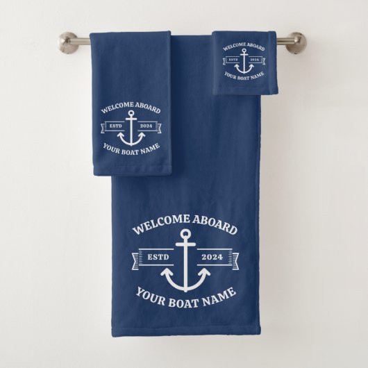Aangepaste bootnaam Welkom aan boord van Navy Blue Bad Handdoek (Insitu)