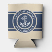 Aangepaste bootnaam: wit anker op zand taupe beige blikjeskoeler (Voorkant)