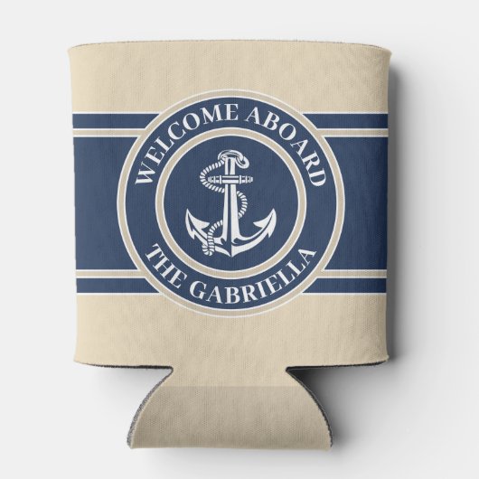 Aangepaste bootnaam: wit anker op zand taupe beige blikjeskoeler (Achterkant)