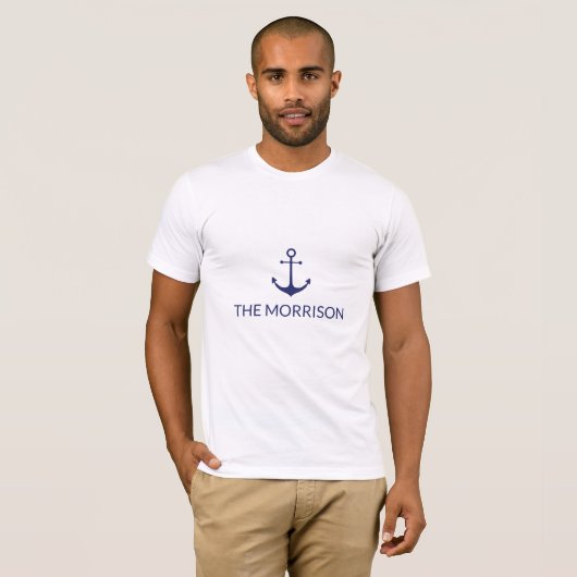 Aangepaste bootnaam zeemansblauw anker wit t-shirt (Voorkant volledig)