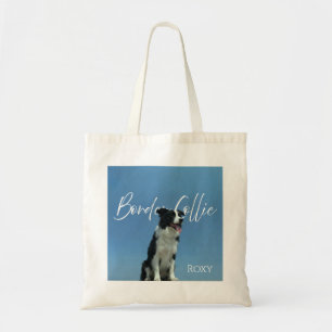 Aangepaste Border Collie-foto met retro blauwe typ Tote Bag
