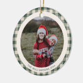 Aangepaste bos groen geruite rustieke foto kerst keramisch ornament (Links)