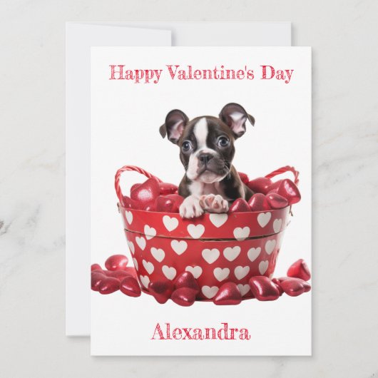 Aangepaste Boston Terrier Pup Heart Basket Valenti Feestdagenkaart (Voorkant)