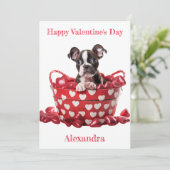 Aangepaste Boston Terrier Pup Heart Basket Valenti Feestdagenkaart (Staand voorkant)