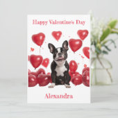 Aangepaste Boston Terrier Red Hearts Balloon Valen Feestdagenkaart (Staand voorkant)