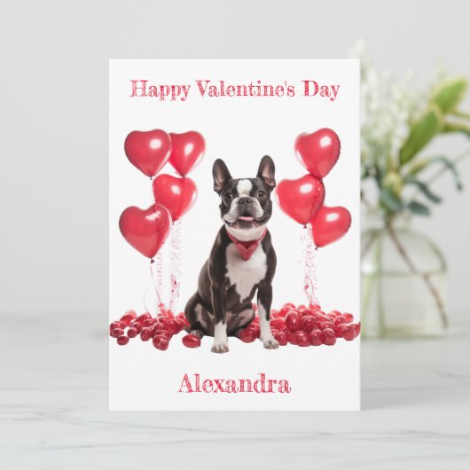 Aangepaste Boston Terrier Red Hearts Collar Valent Feestdagenkaart (Staand voorkant)