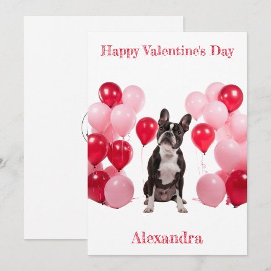 Aangepaste Boston Terrier Roze Rode Ballons Valent Feestdagenkaart (Voorkant / Achterkant)