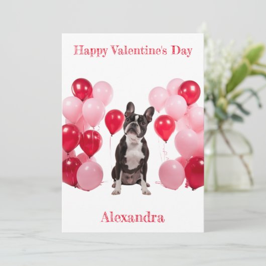 Aangepaste Boston Terrier Roze Rode Ballons Valent Feestdagenkaart (Staand voorkant)