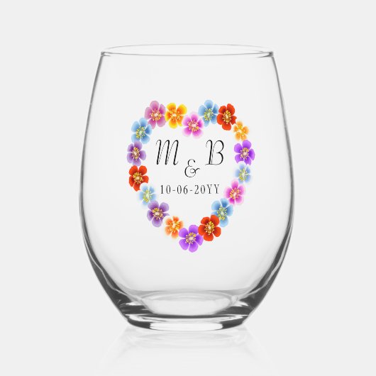 Aangepaste Botanische Boho Bloemen Hart Lei Krans Wijnglas Zonder Voet (Voorkant)