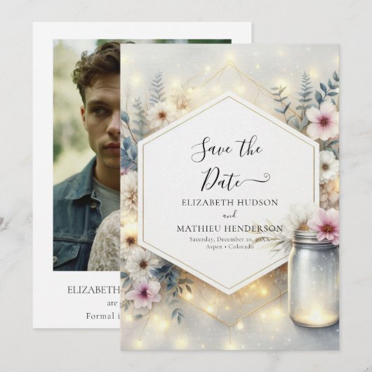 Aangepaste Botanische Mason Jar bruiloft Save The Date (Voorkant / Achterkant)