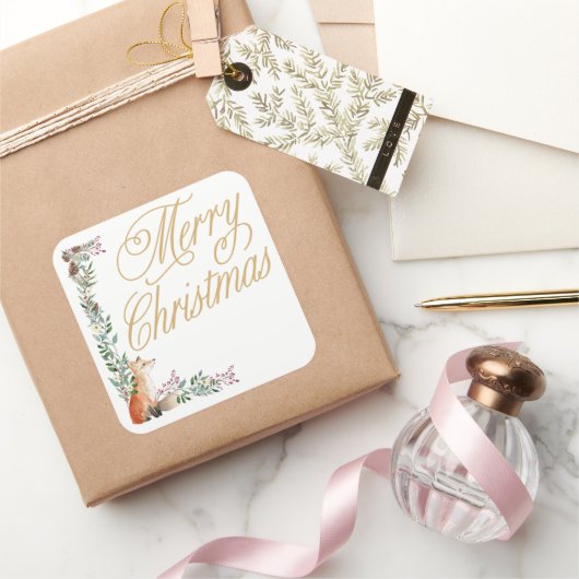 aangepaste botanische vos waterverf vrolijk kerstf vierkante sticker (Geschenken)