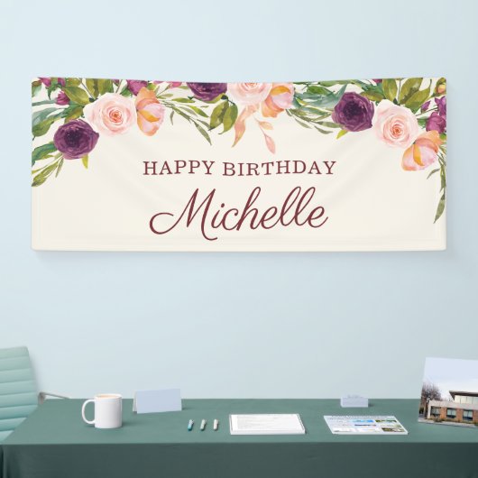 Aangepaste Bourgogne Blush Pink Floral Happy Birth Spandoek (Beurs)
