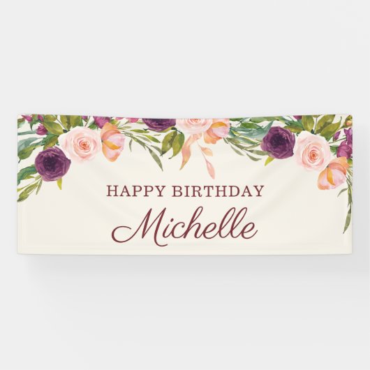 Aangepaste Bourgogne Blush Pink Floral Happy Birth Spandoek (Horizontaal)