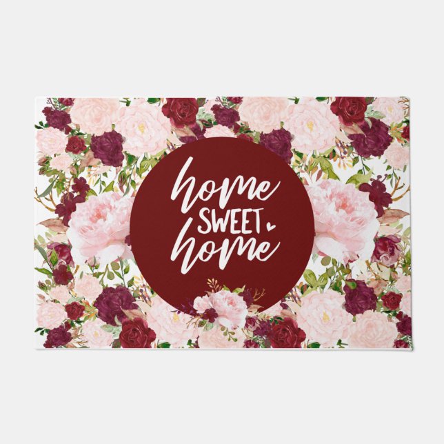 Aangepaste Bourgogne Floral Home Sweet Home Deurmat (Voorkant)