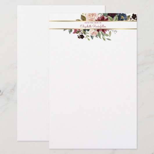 Aangepaste Bourgogne marine Gold Boho Floral Bouqu Briefpapier (Voorkant / Achterkant)