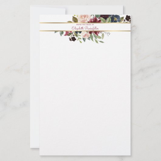 Aangepaste Bourgogne marine Gold Boho Floral Bouqu Briefpapier (Voorkant)