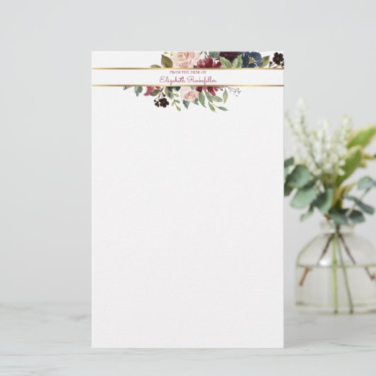 Aangepaste Bourgogne marine Gold Boho Floral Bouqu Briefpapier (Staand voorkant)