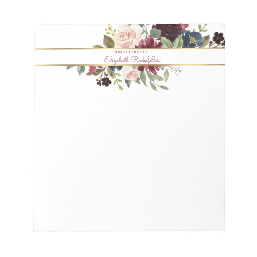 Aangepaste Bourgogne marine Gold Boho Floral Bouqu Notitieblok (Voorkant)