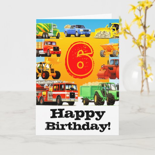 Aangepaste bouw Trucks Boy's 6e verjaardag Kaart (Gele Bloem)