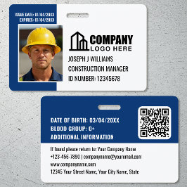 Aangepaste bouwplaats ID logo QR-code marineblauw Badge