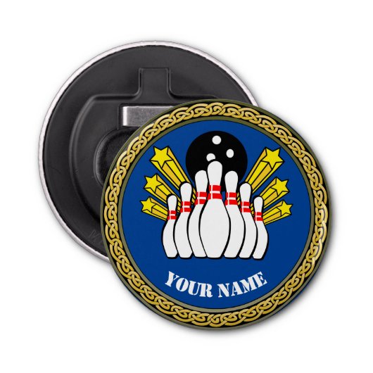 Aangepaste bowling - Naam toevoegen - Blauw Button Flesopener (Voorkant)
