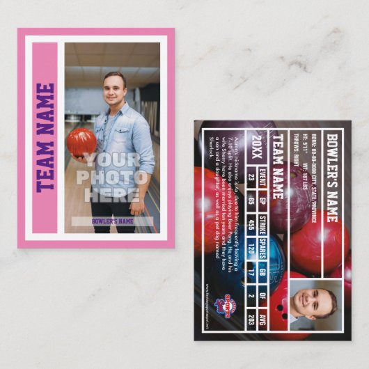 Aangepaste Bowling Trading Kaart (roze) Contactkaartje (Voorkant / Achterkant)