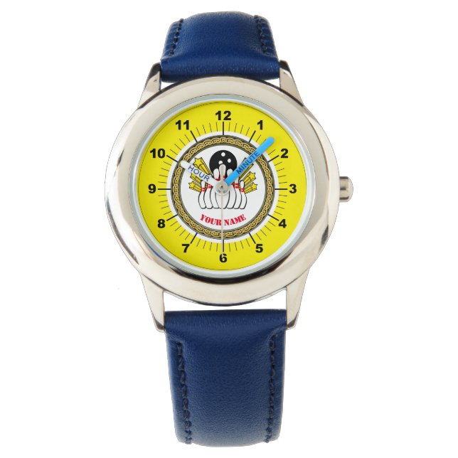 Aangepaste Bowling van kind (naam toevoegen) Blauw Horloge (Voorkant)